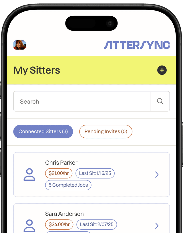 SitterSync app screen with a parent's network of trusted sitters